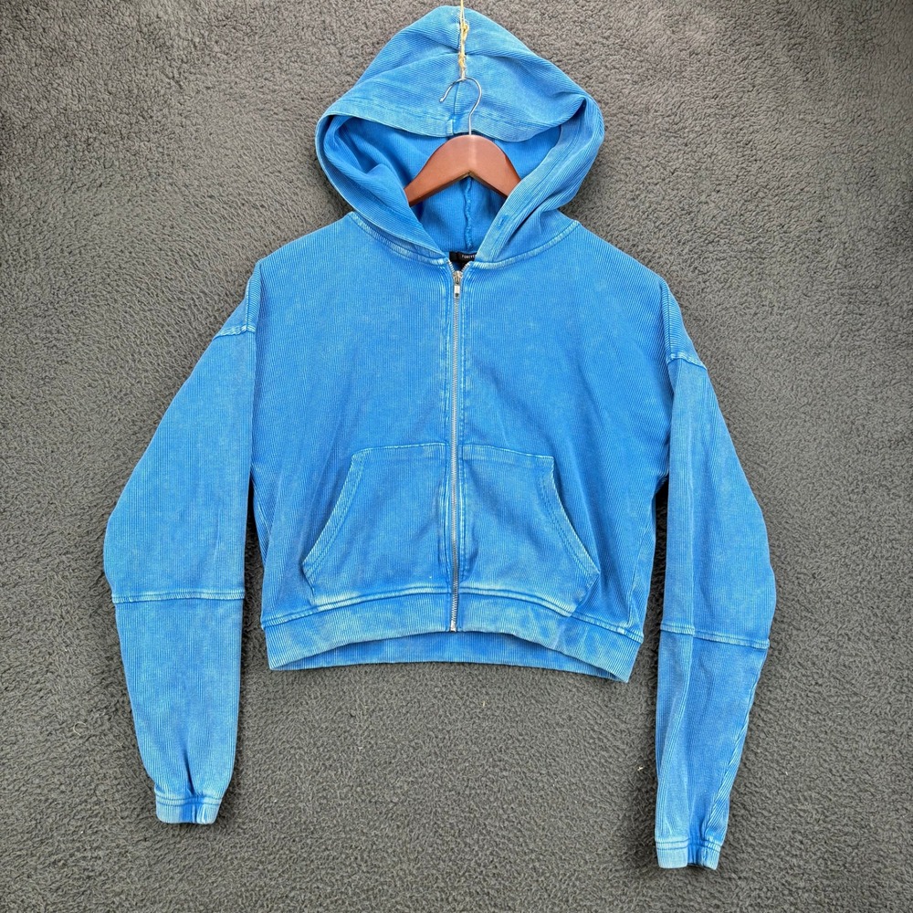 Forever 21 Womens Blue Ribbed Acid Wash Cropped Zip Up Hoodie Small
